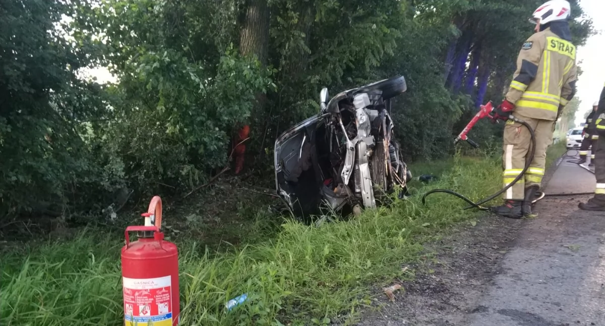 Groźne zdarzenie pod Kiernozią. Auto uderzyło w drzewo i stanęło w płomieniach (foto)