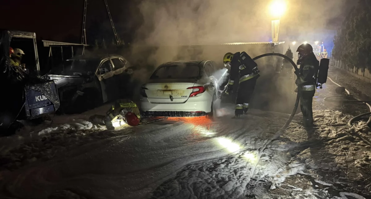 Lexus i Fiat Tipo doszczętnie spłonęły. Pożar na parkingu w Łowiczu! (foto)