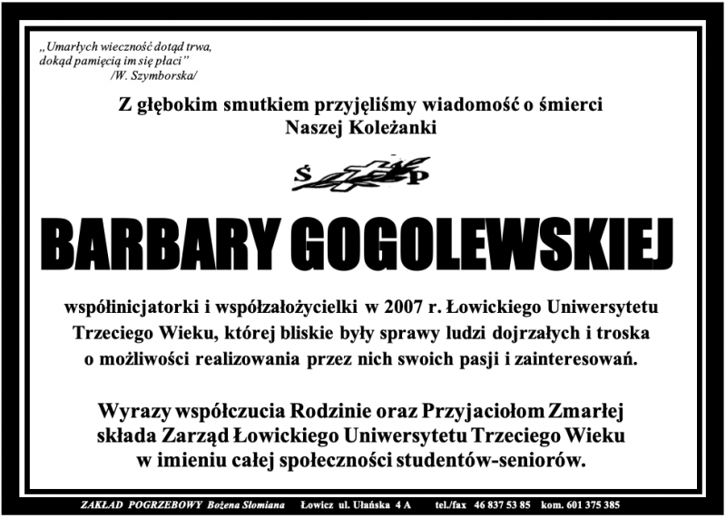 wyrazy głębokiego współczucia dla rodziny Barbary Gogolewskiej