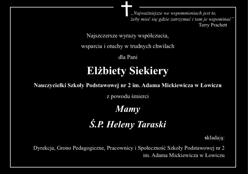 wyrazy współczucia z powodu śmierci Mamy dla Pani Elżbiety Siekiery