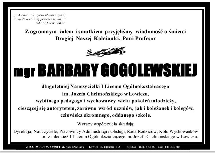mgr Barbara Gogolewska długoletnia nauczycielka I LO